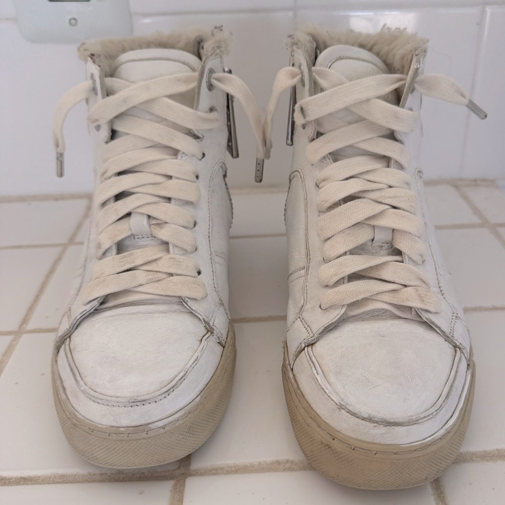 Zadig & Voltaire Flash Shearling High Top Sneakers White Leather Women Size 36